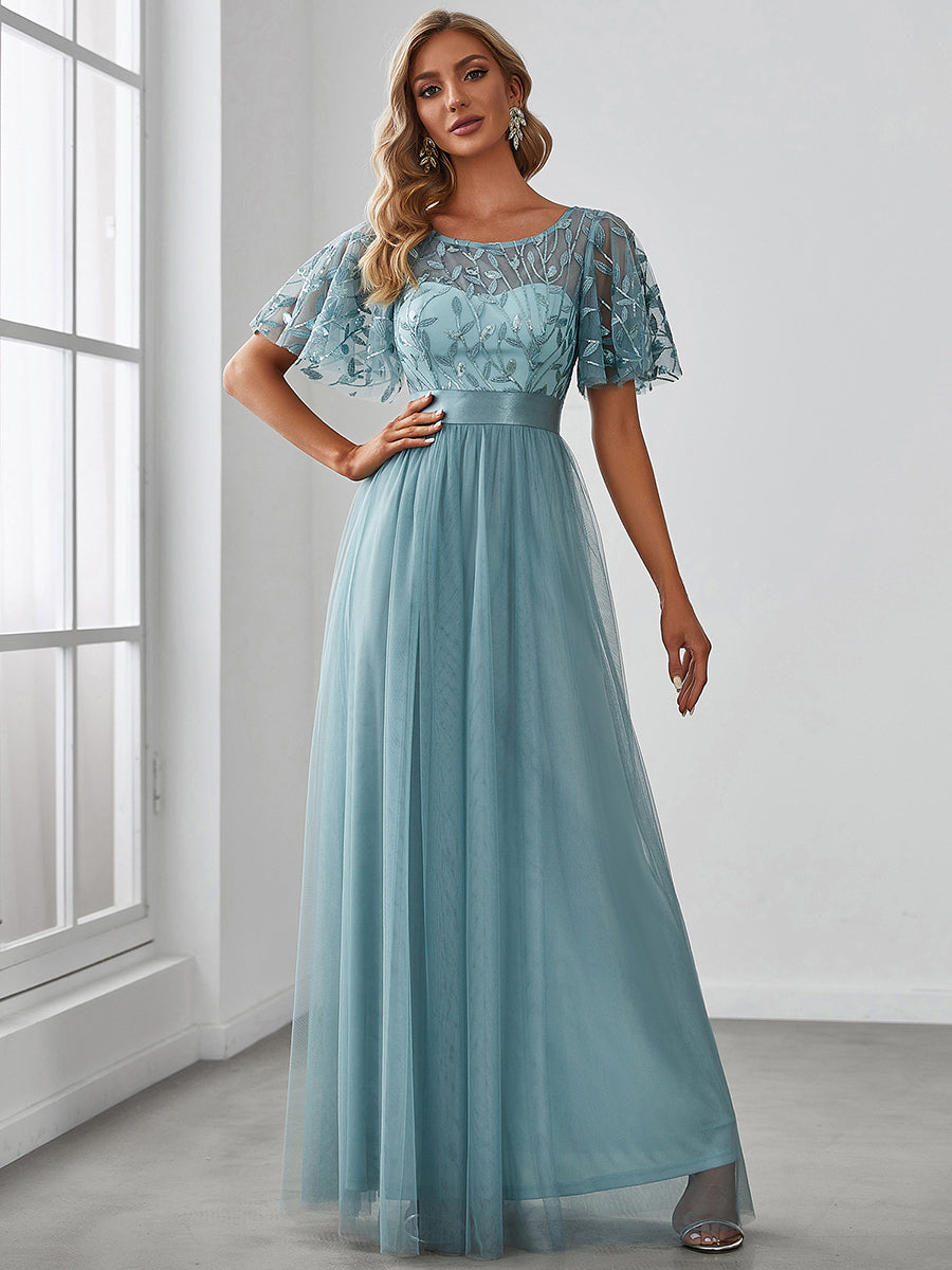 Robe de demoiselle d'honneur Brodées à manches courtes en ligne A pour femmes #Couleur_Bleu Fume