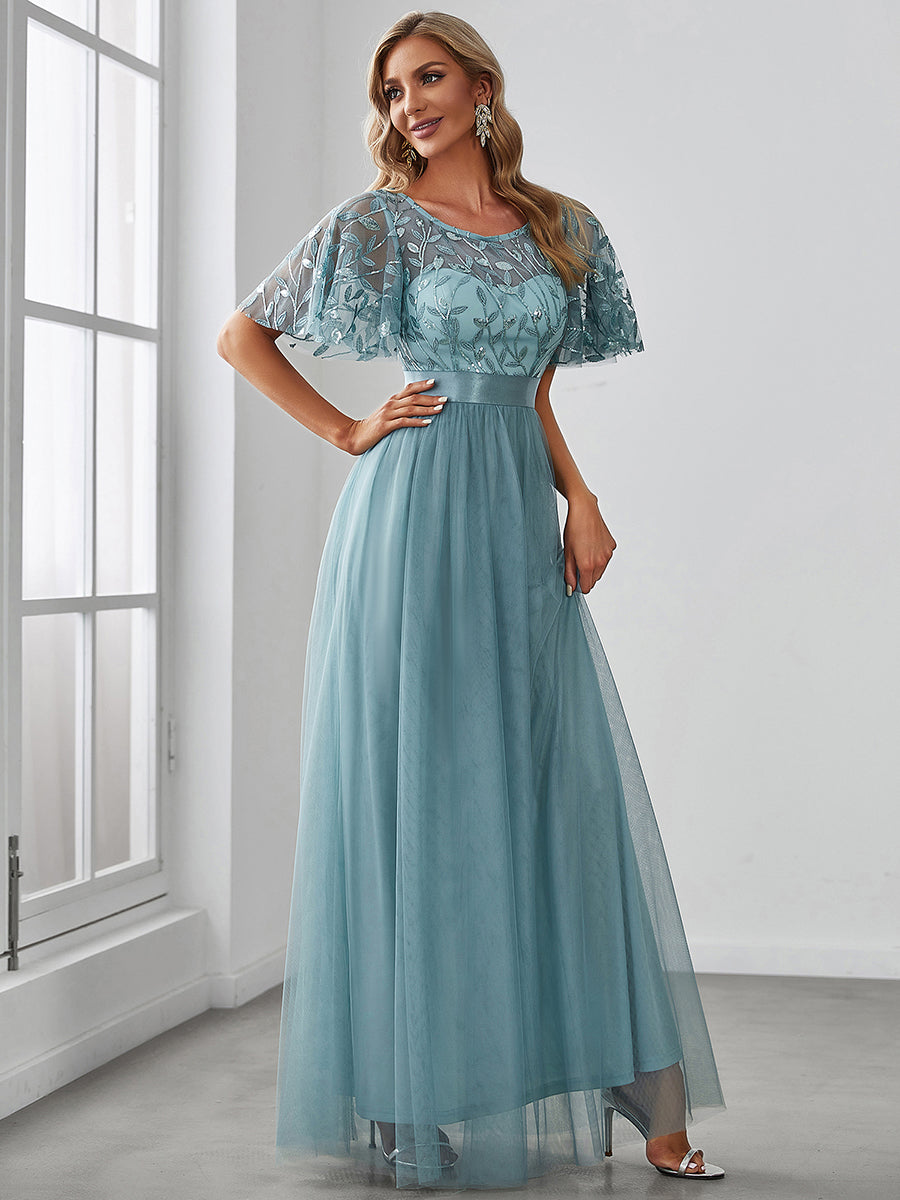 Robe de demoiselle d'honneur Brodées à manches courtes en ligne A pour femmes #Couleur_Bleu Fume