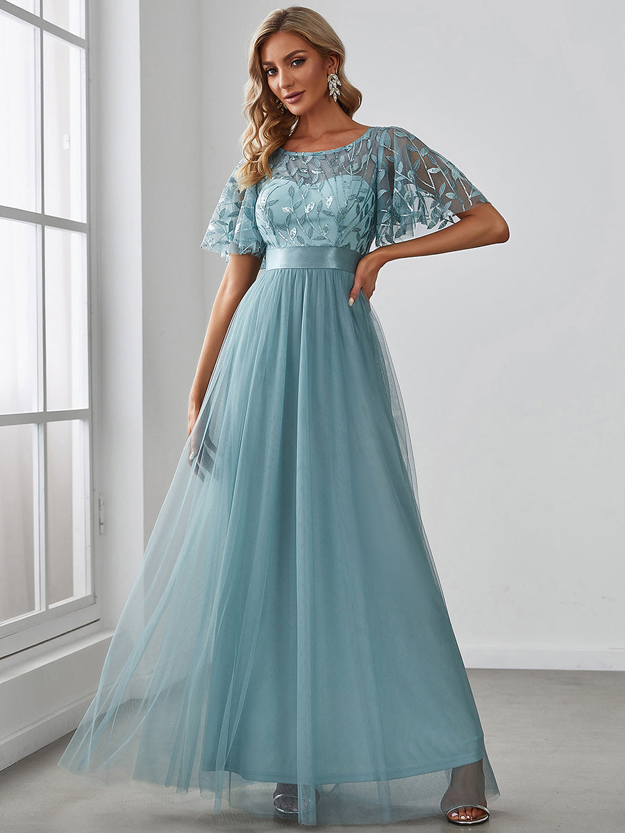 Robe de demoiselle d'honneur Brodées à manches courtes en ligne A pour femmes #Couleur_Bleu Fume