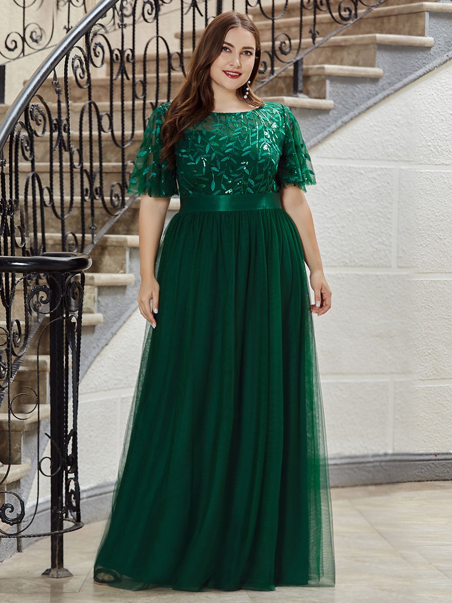 Robe de soirée brodée à manches courtes pour femmes de Grande taille #Couleur_Vert Fonce