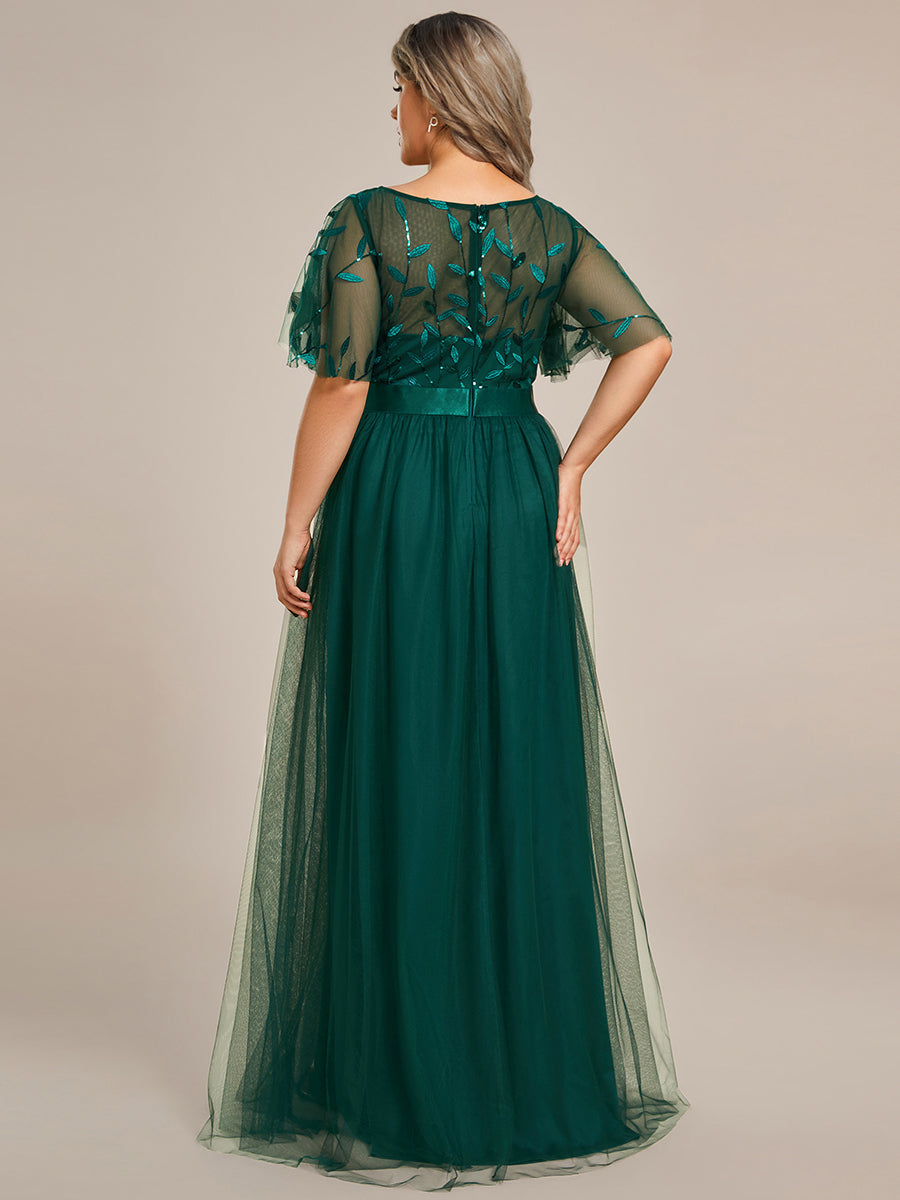 Robe de soirée brodée à manches courtes pour femmes de Grande taille #Couleur_Vert Fonce