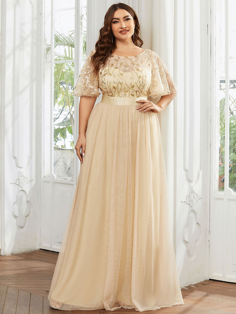 Robe de soirée brodée à manches courtes pour femmes de Grande taille #Couleur_Or