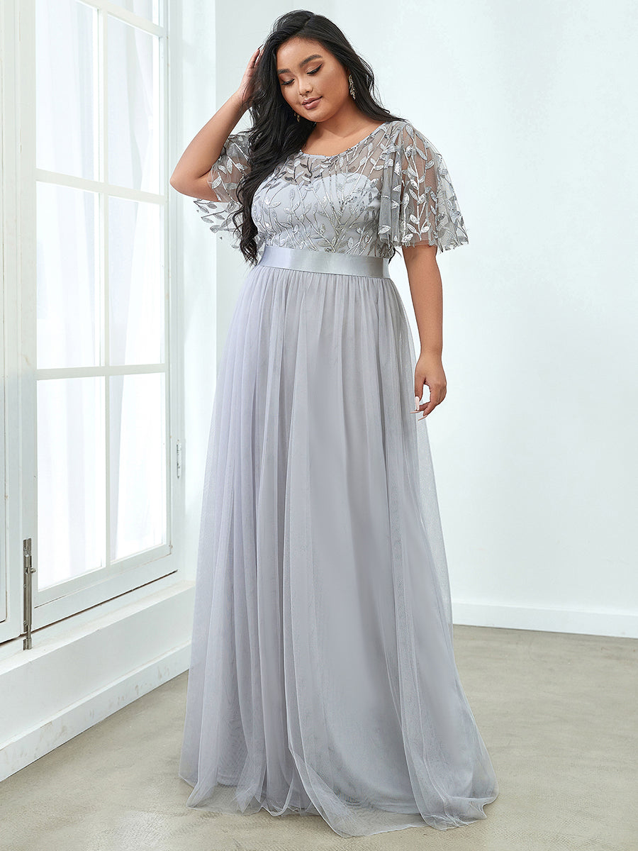 Robe de soirée brodée à manches courtes pour femmes de Grande taille #Couleur_Gris