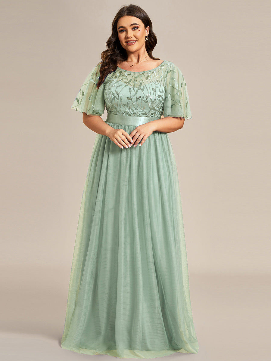 Robe de demoiselle d'honneur Brodées à manches courtes en ligne A pour femmes #Couleur_Menthe Verte