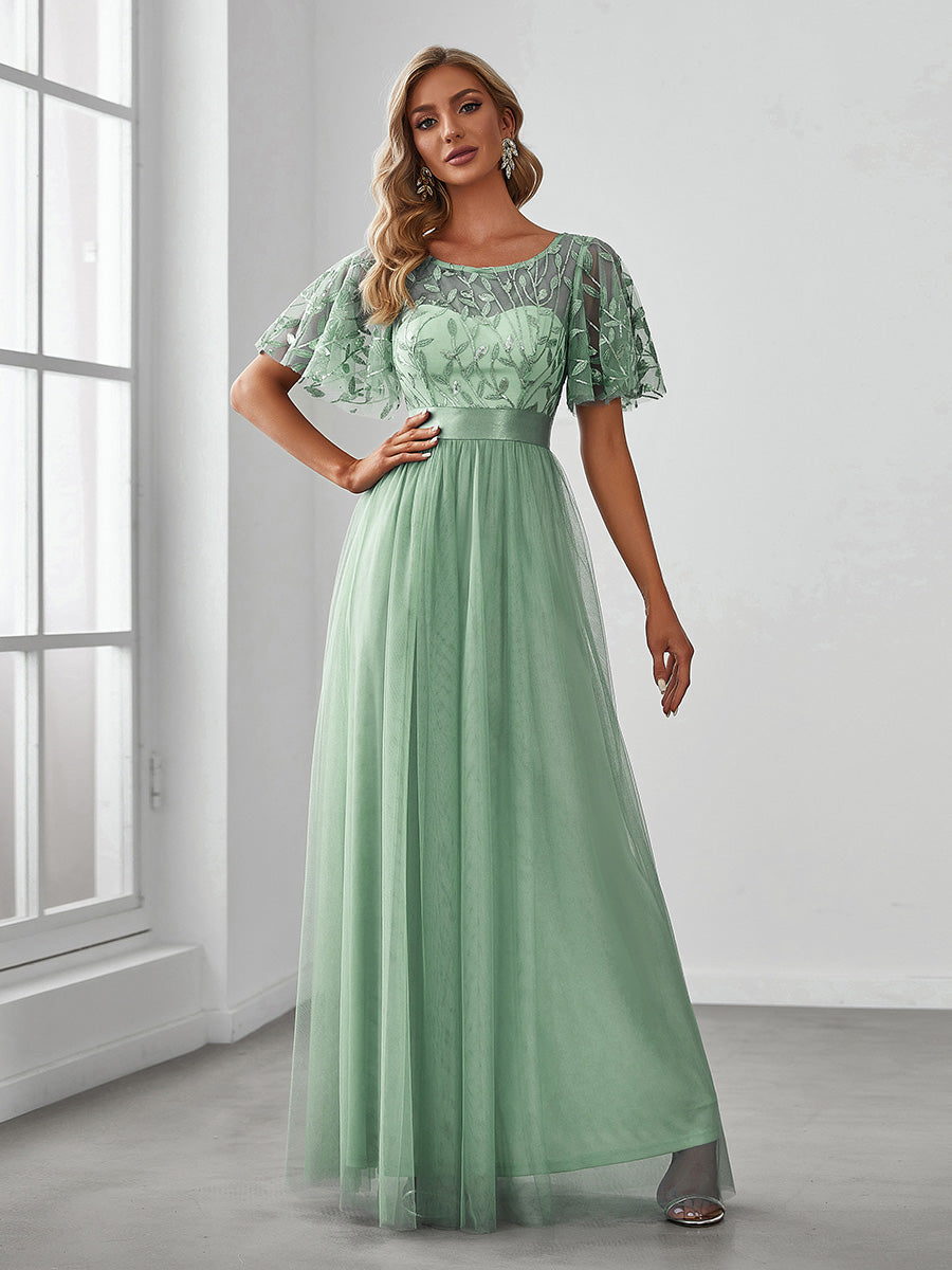 Robe de demoiselle d'honneur Brodées à manches courtes en ligne A pour femmes #Couleur_Menthe Verte