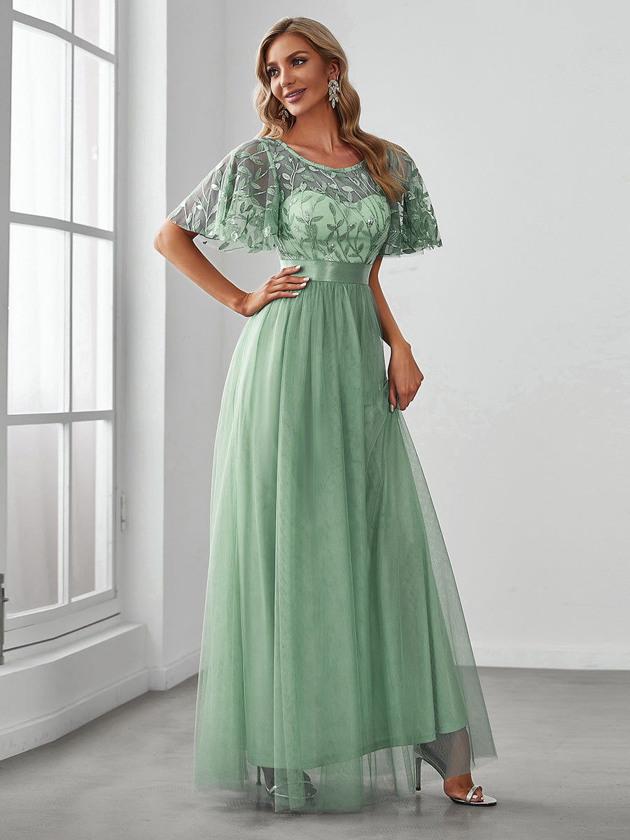 Robe de demoiselle d'honneur Brodées à manches courtes en ligne A pour femmes #Couleur_Menthe Verte