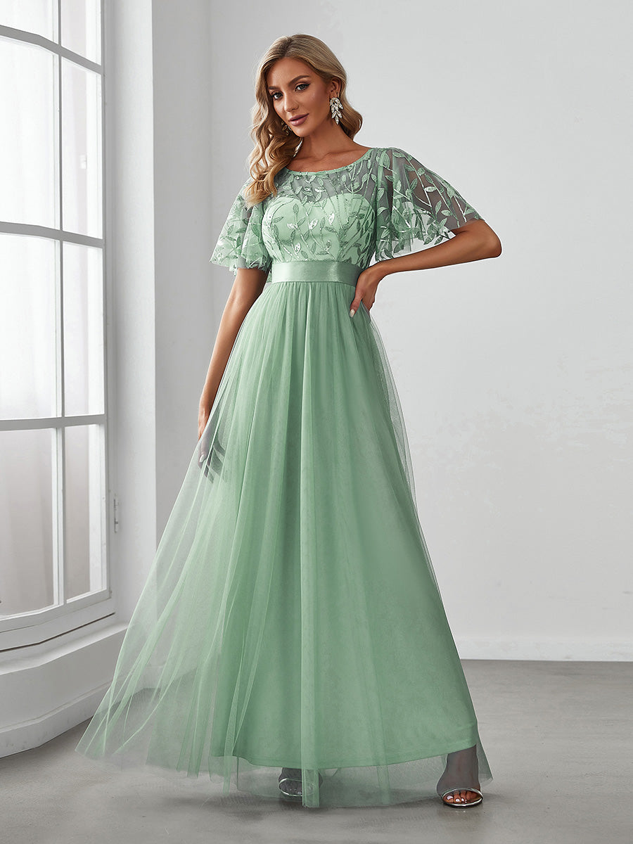 Robe de demoiselle d'honneur Brodées à manches courtes en ligne A pour femmes #Couleur_Menthe Verte