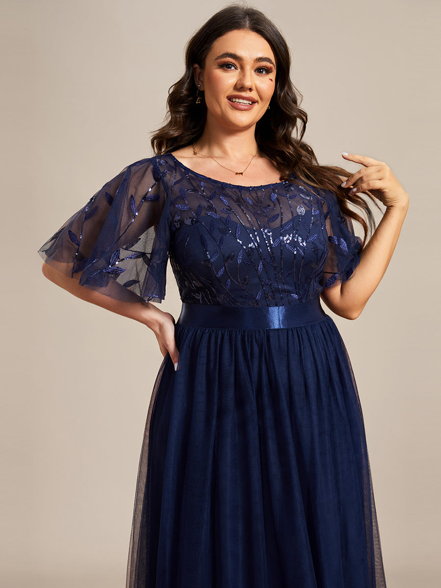 Robe de soirée brodée à manches courtes pour femmes de Grande taille #Couleur_Bleu Marine