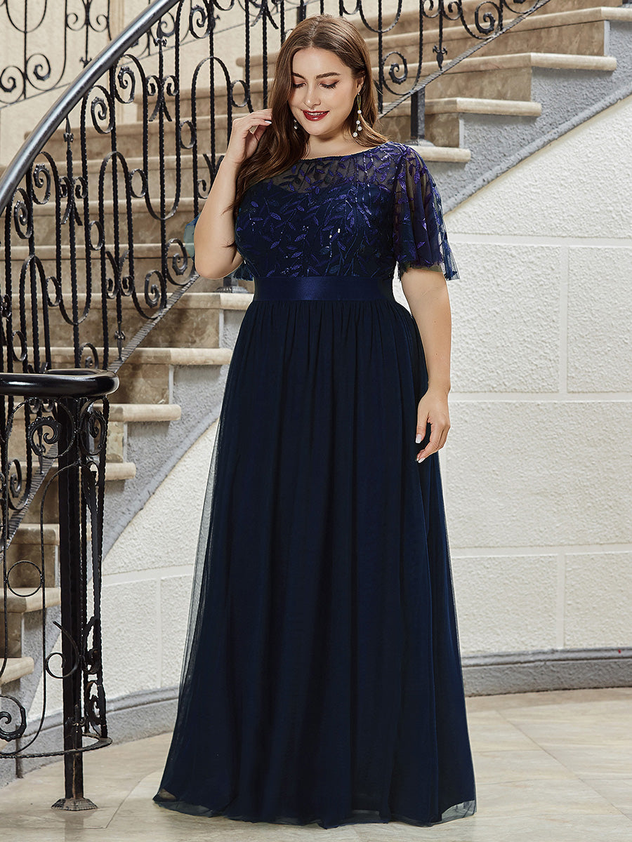 Robe de soirée brodée à manches courtes pour femmes de Grande taille #Couleur_Bleu Marine