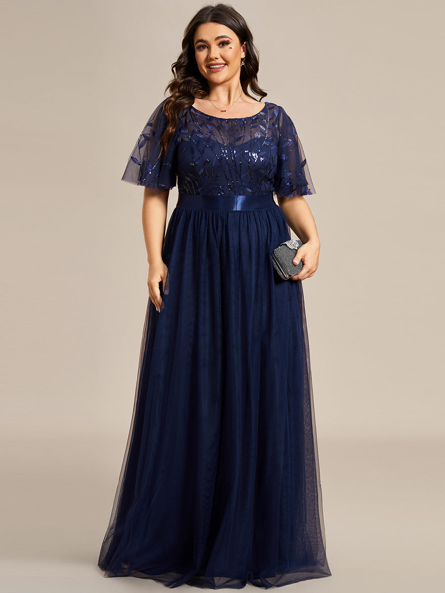 Robe de soirée brodée à manches courtes pour femmes de Grande taille #Couleur_Bleu Marine