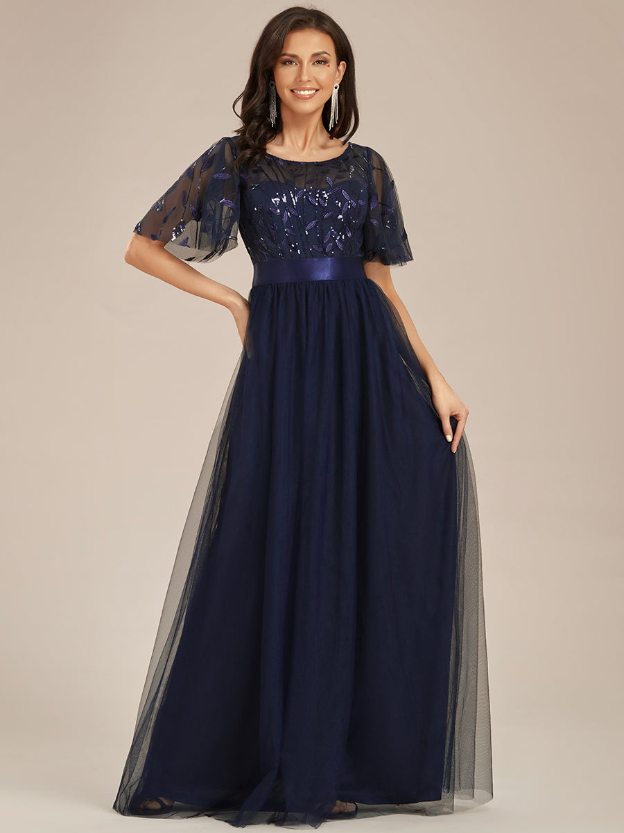 Robe de demoiselle d'honneur Brodées à manches courtes en ligne A pour femmes #Couleur_Bleu Marine