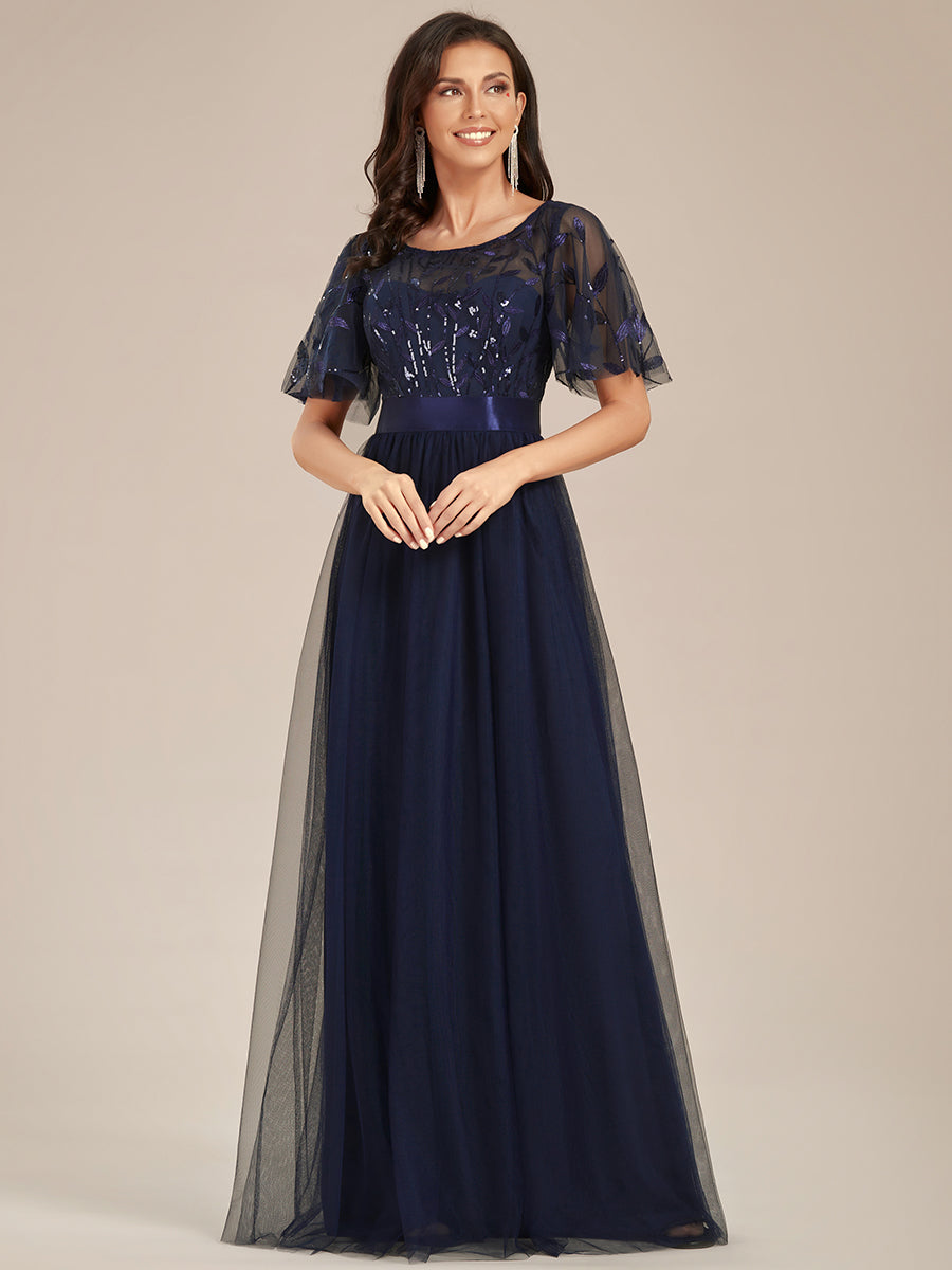 Robe de demoiselle d'honneur Brodées à manches courtes en ligne A pour femmes #Couleur_Bleu Marine