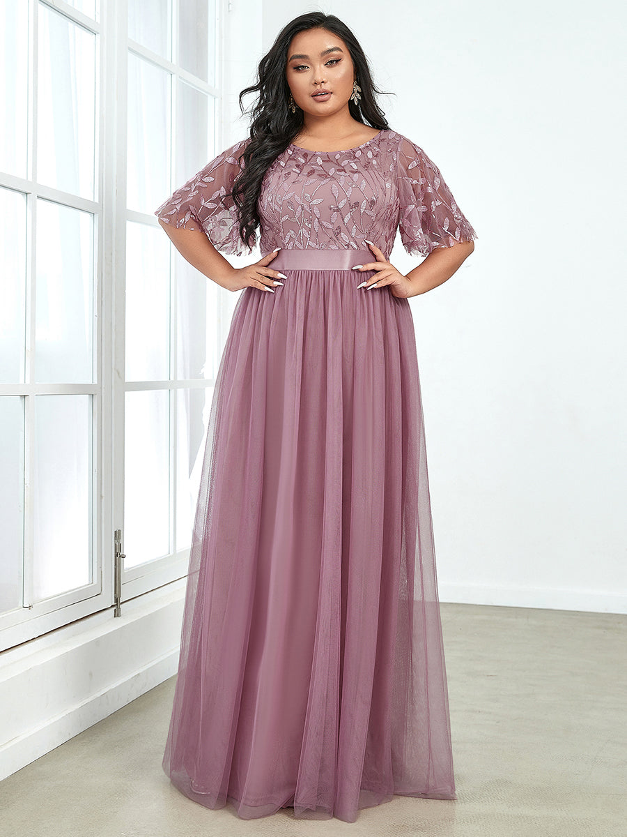 Robe de soirée brodée à manches courtes pour femmes de Grande taille #Couleur_Orchidee