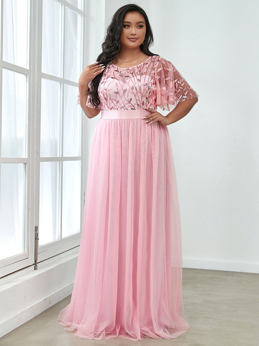 Robe de soirée brodée à manches courtes pour femmes de Grande taille #Couleur_Rose