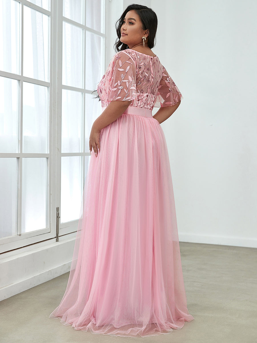 Robe de soirée brodée à manches courtes pour femmes de Grande taille #Couleur_Rose