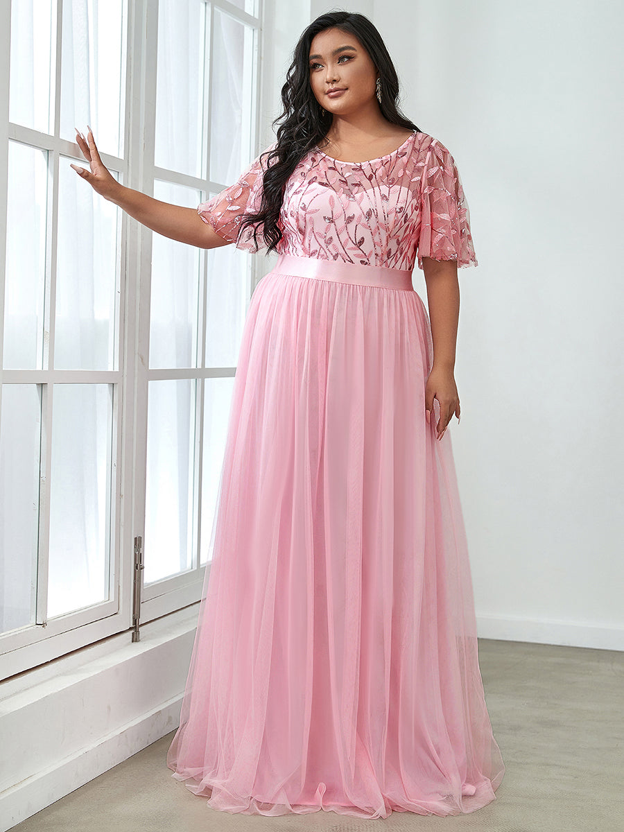 Robe de soirée brodée à manches courtes pour femmes de Grande taille #Couleur_Rose