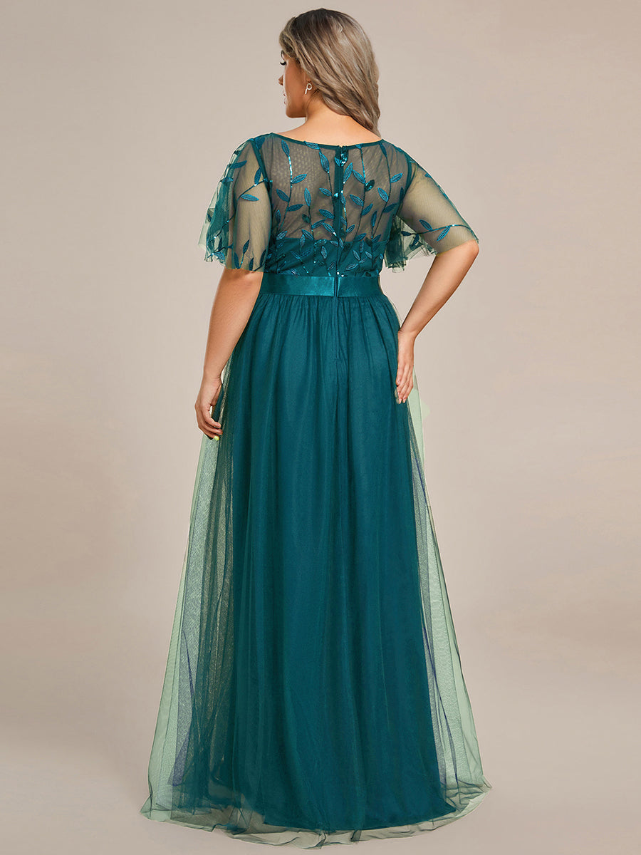 Robe de soirée brodée à manches courtes pour femmes de Grande taille #Couleur_Bleu Sarcelle