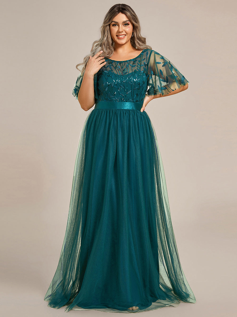 Robe de soirée brodée à manches courtes pour femmes de Grande taille #Couleur_Bleu Sarcelle