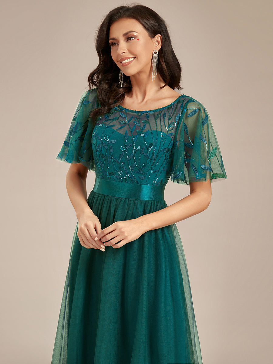 Robe de demoiselle d'honneur Brodées à manches courtes en ligne A pour femmes #Couleur_Bleu Sarcelle