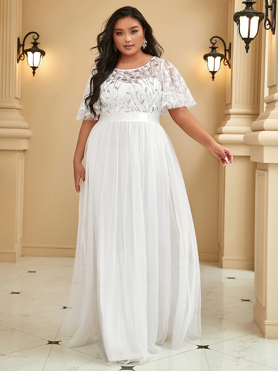 Robe de soirée brodée à manches courtes pour femmes de Grande taille #Couleur_Blanc