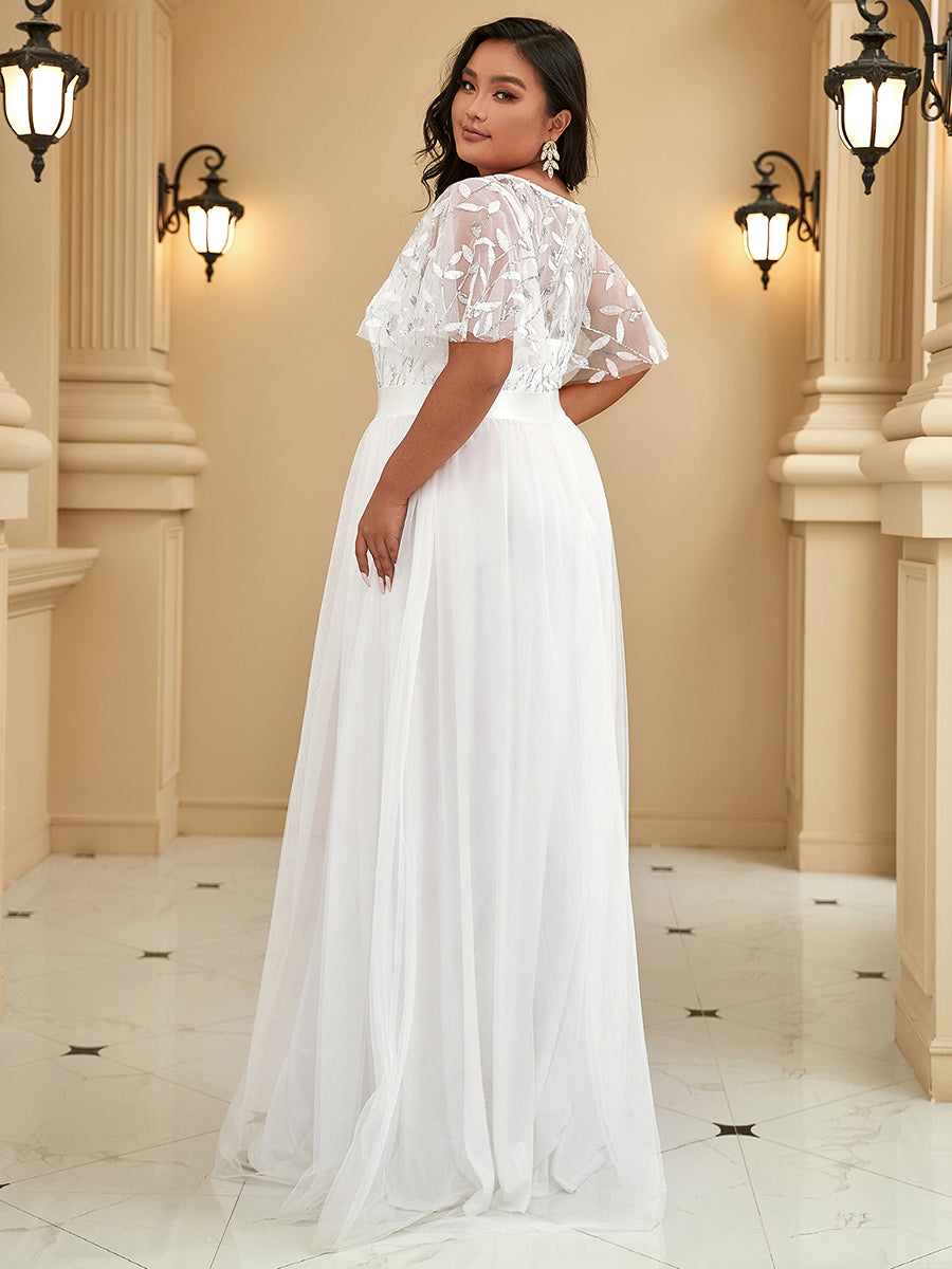 Robe de demoiselle d'honneur Brodées à manches courtes en ligne A pour femmes #Couleur_Blanc