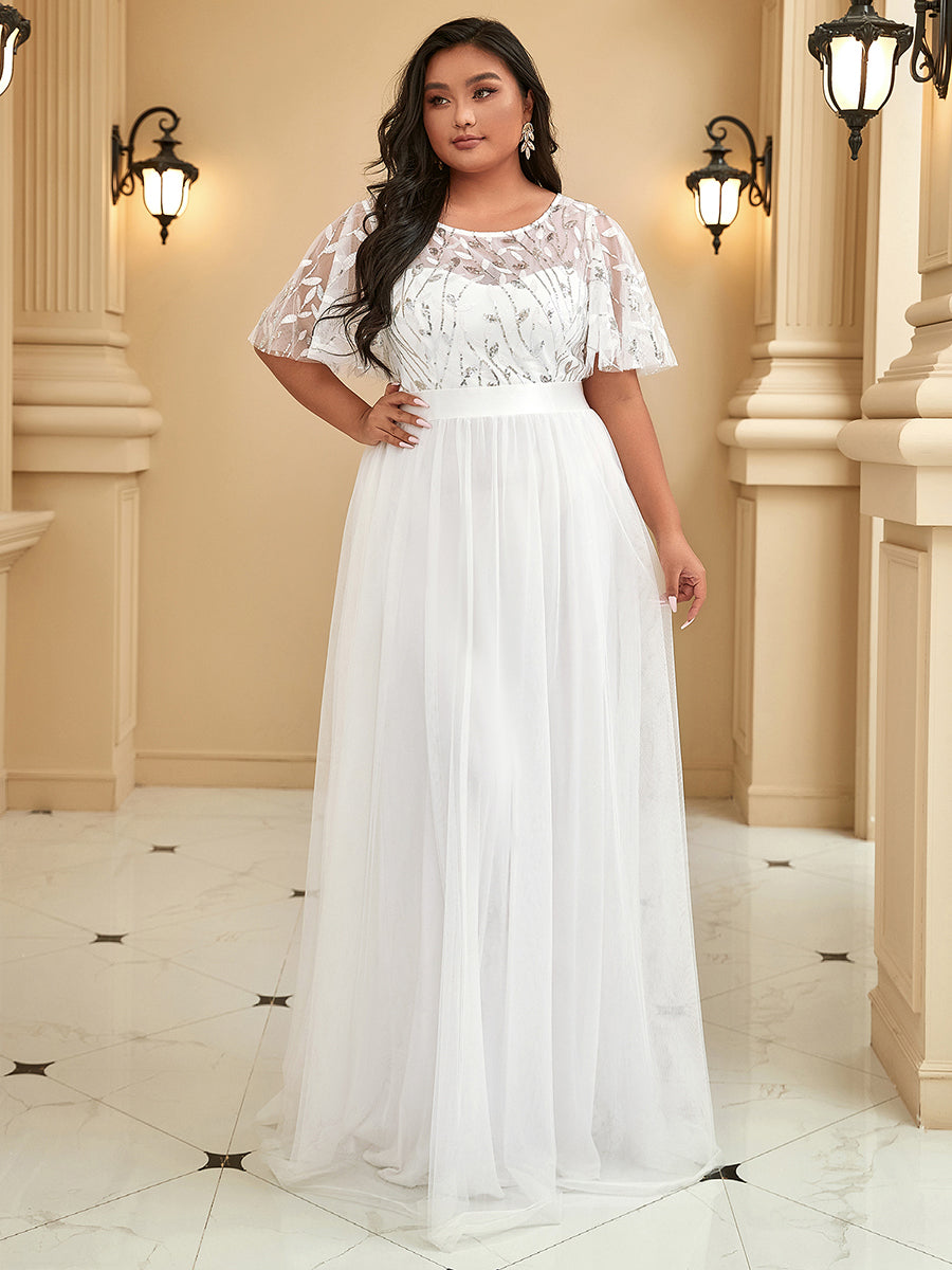 Robe de soirée brodée à manches courtes pour femmes de Grande taille #Couleur_Blanc