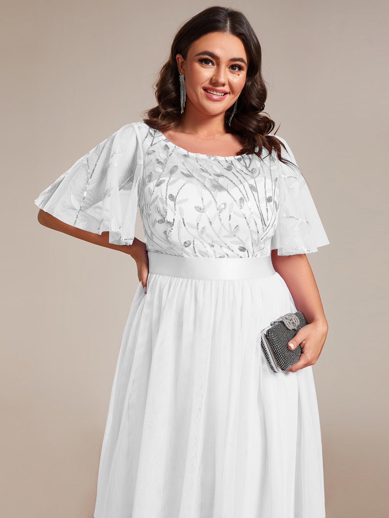 Robe de soirée brodée à manches courtes pour femmes de Grande taille #Couleur_Blanc