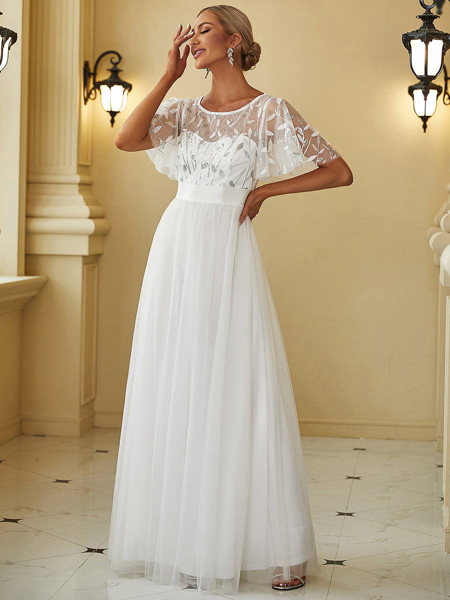 Robe de demoiselle d'honneur Brodées à manches courtes en ligne A pour femmes #Couleur_Blanc