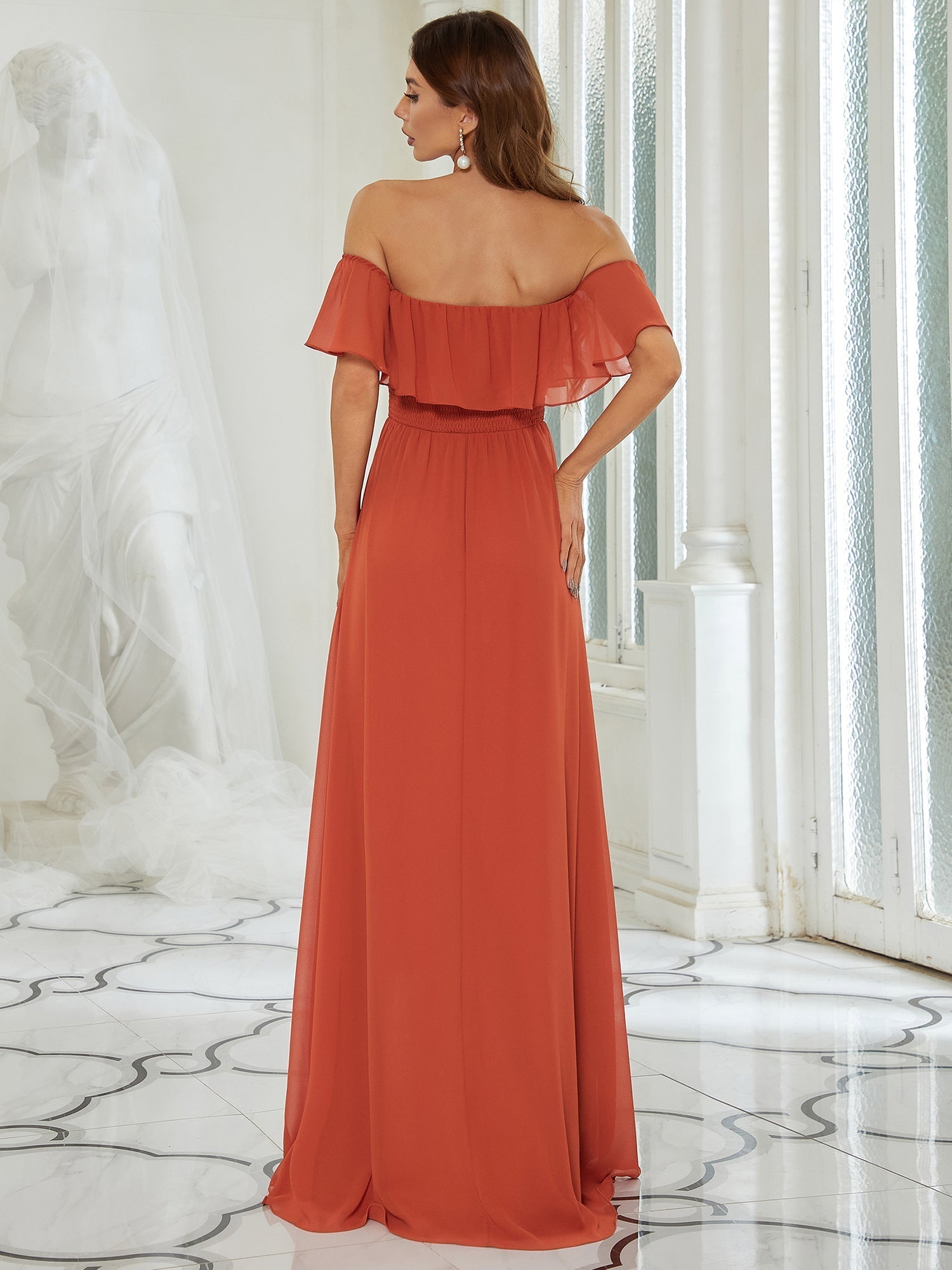 Robe Demoiselle d'Honneur belle Longue Fendue à épaules Dénudées #Couleur_Burnt orange