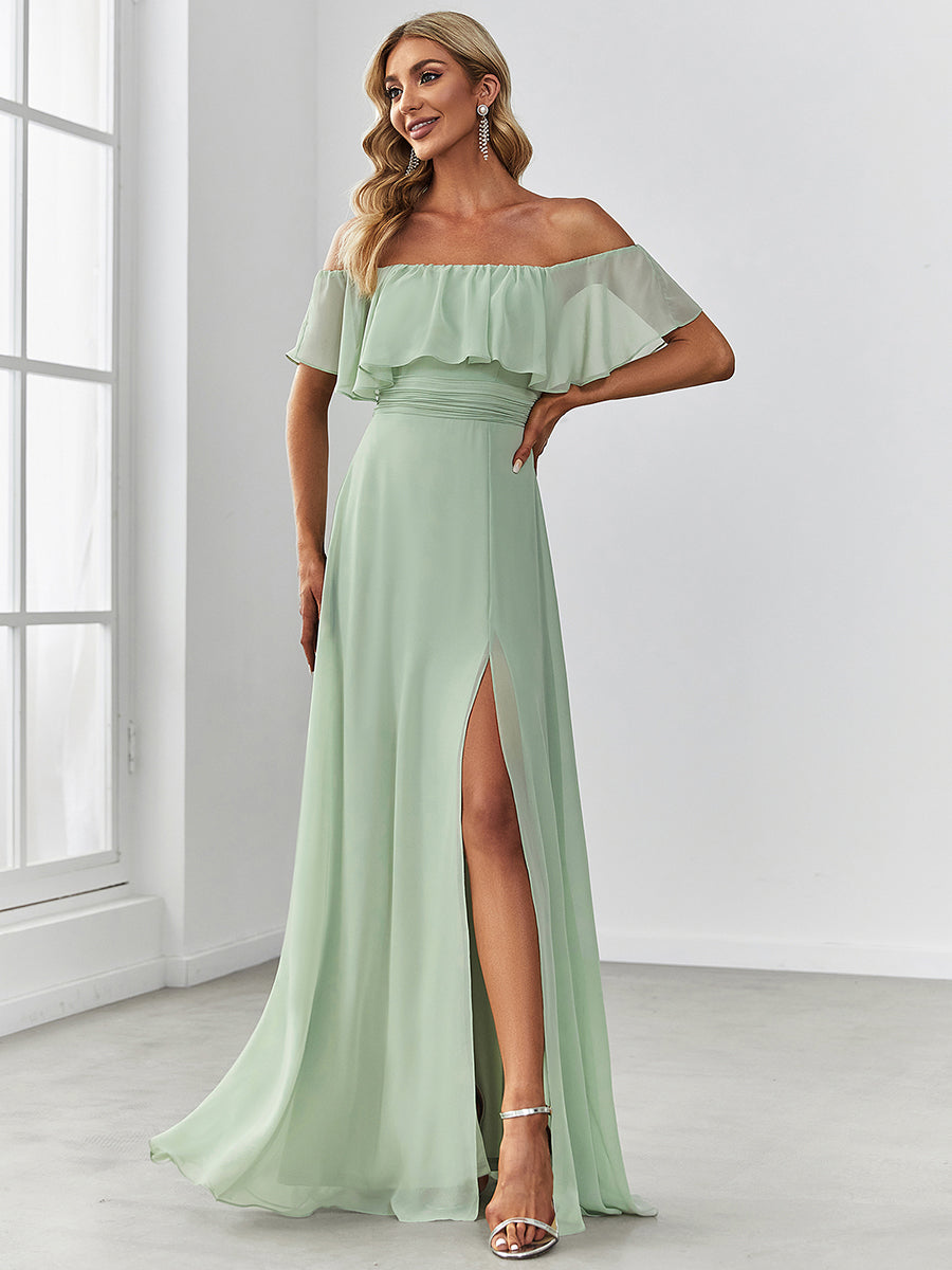 Robe Demoiselle d'Honneur belle Longue Fendue à épaules Dénudées #Couleur_Menthe Verte