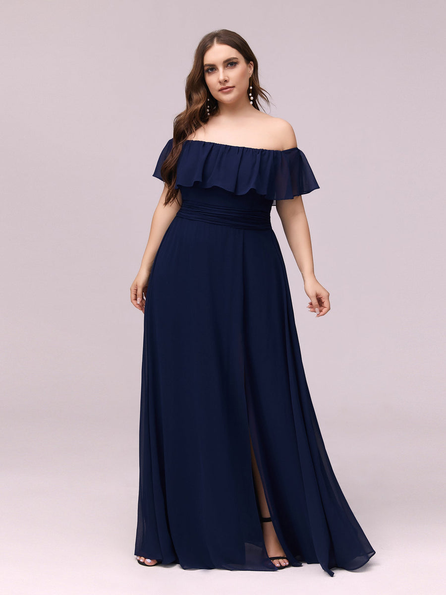 Robe de demoiselle d'honneur grande taille à volants et épaules dénudéess #Couleur_Bleu Marine