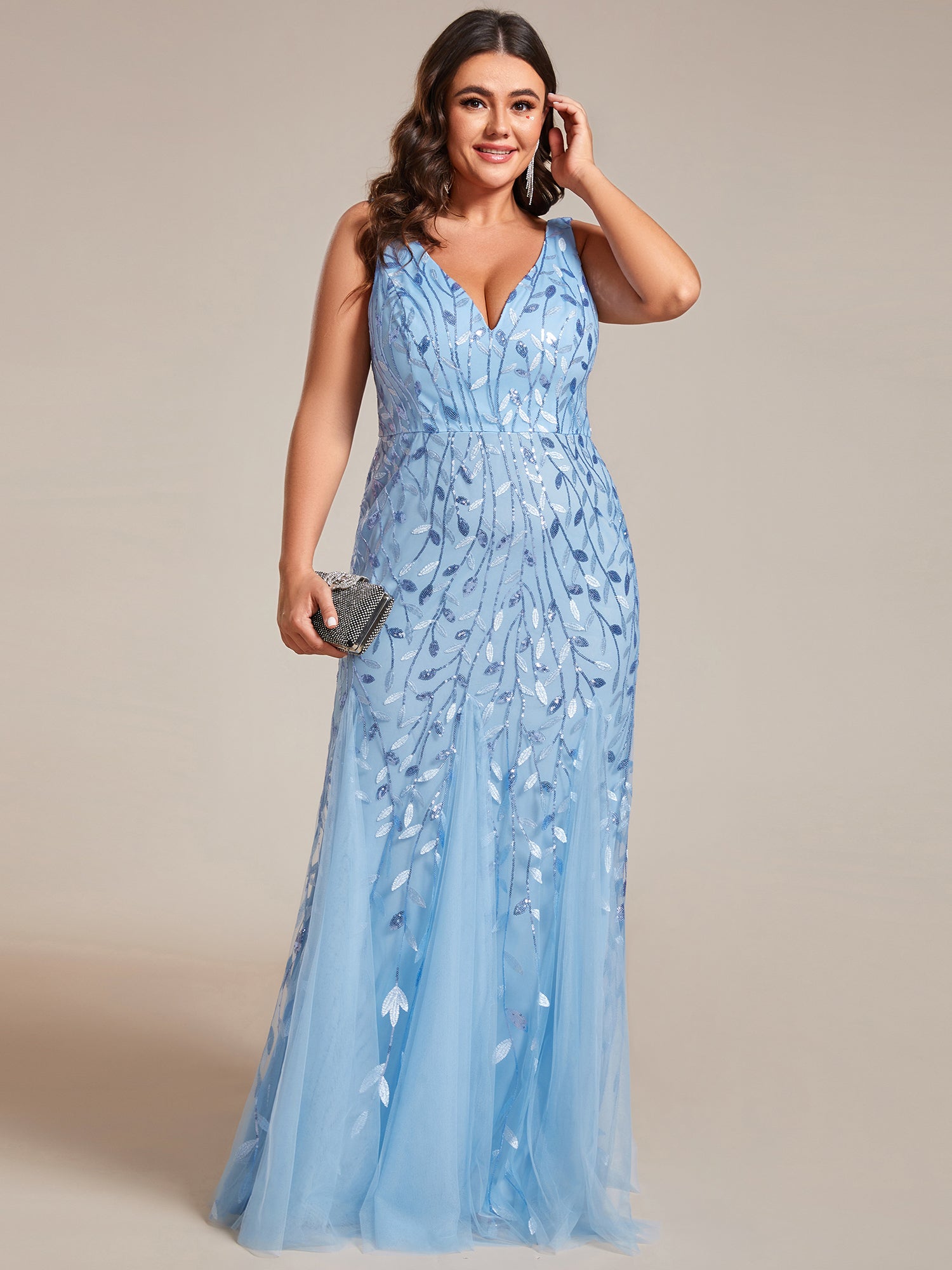 Robe de soirée Sexy Longue belle à double col en V pour femmes #Couleur_Bleu Ciel