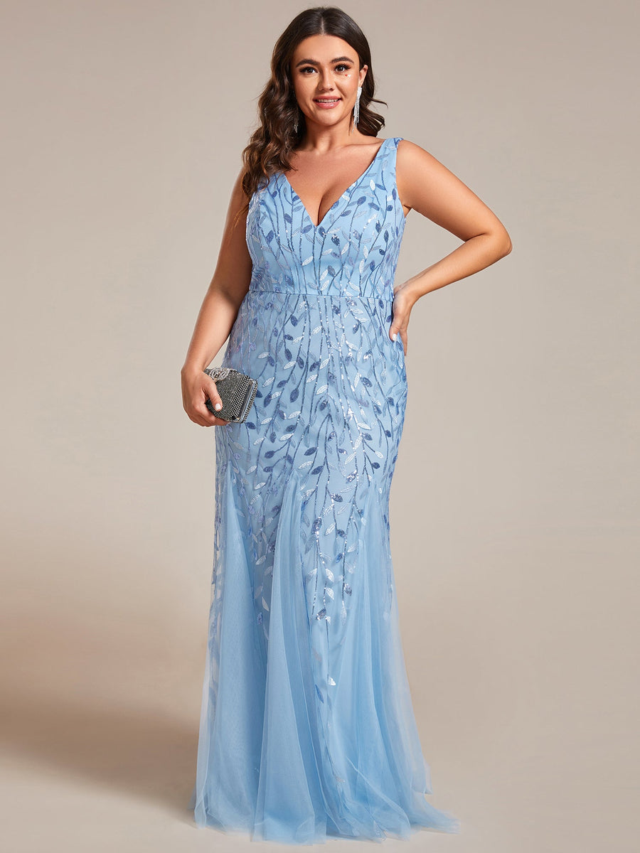 Robe de soirée Seuqin à encolure en V pour femmes de grande taille #Couleur_Bleu Ciel