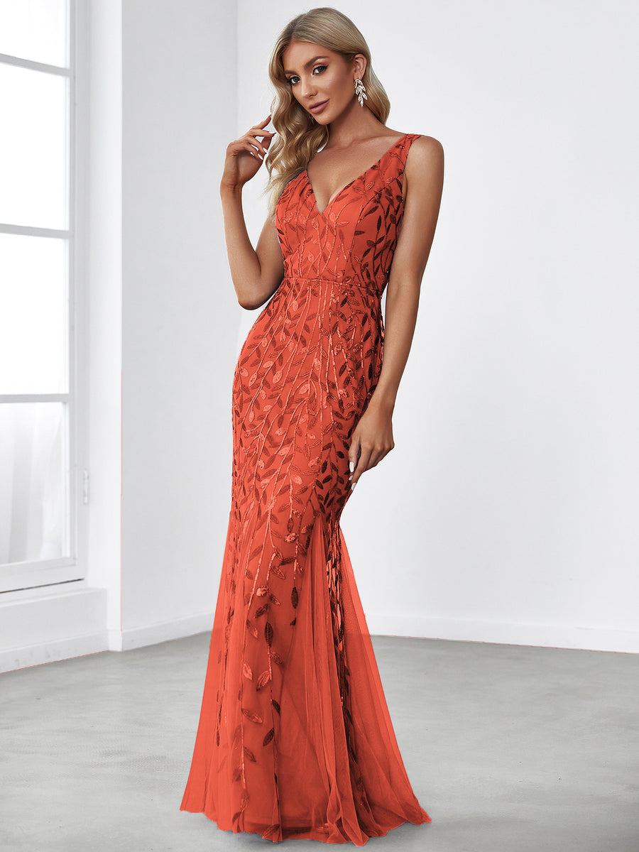 Robe de soirée Sexy Longue belle à double col en V pour femmes #Couleur_Burnt Orange