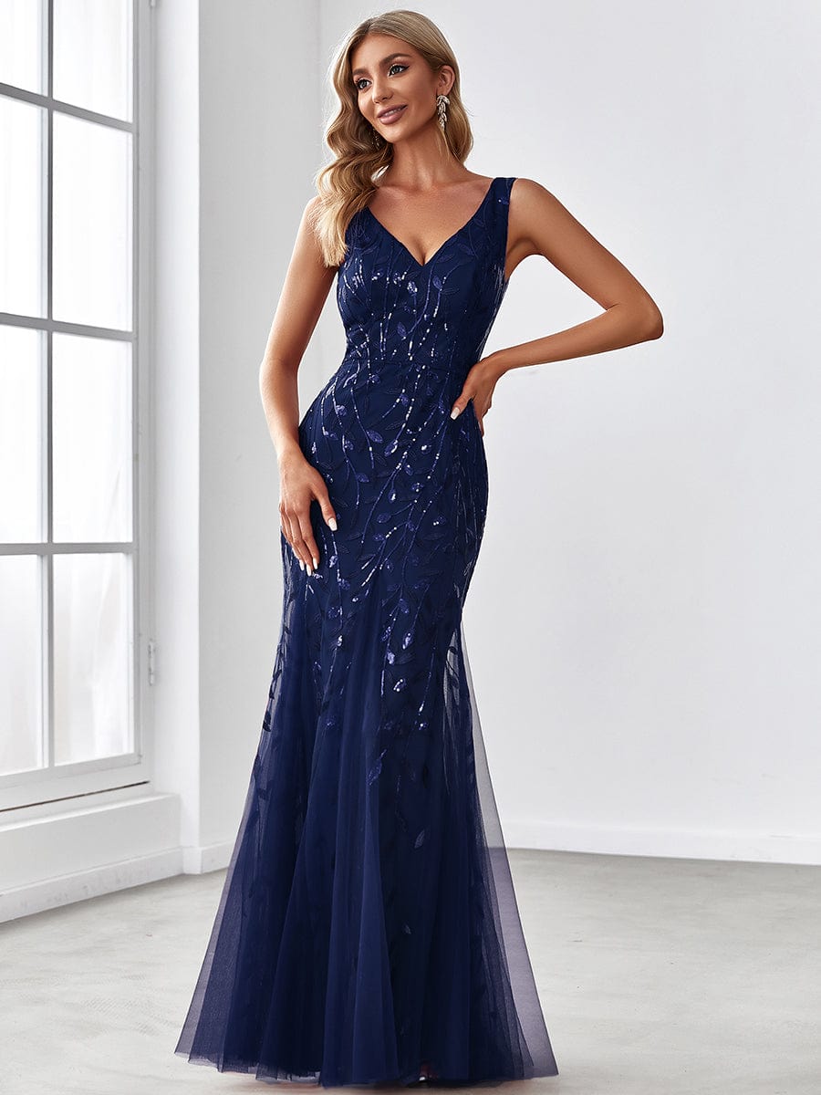 Robe de soirée Longue Sexy en sequins col en V pour femmes #Couleur_Bleu Marine