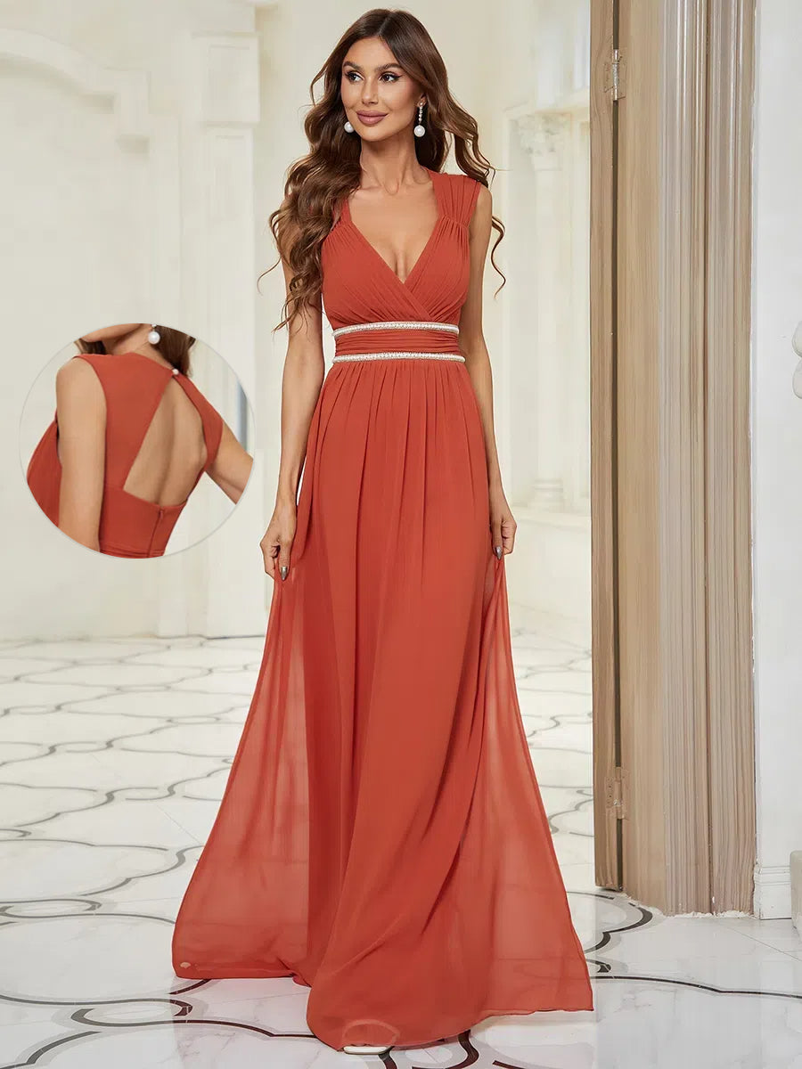 Robe longue de demoiselle d'honneur froncée à col en V #Couleur_Burnt Orange