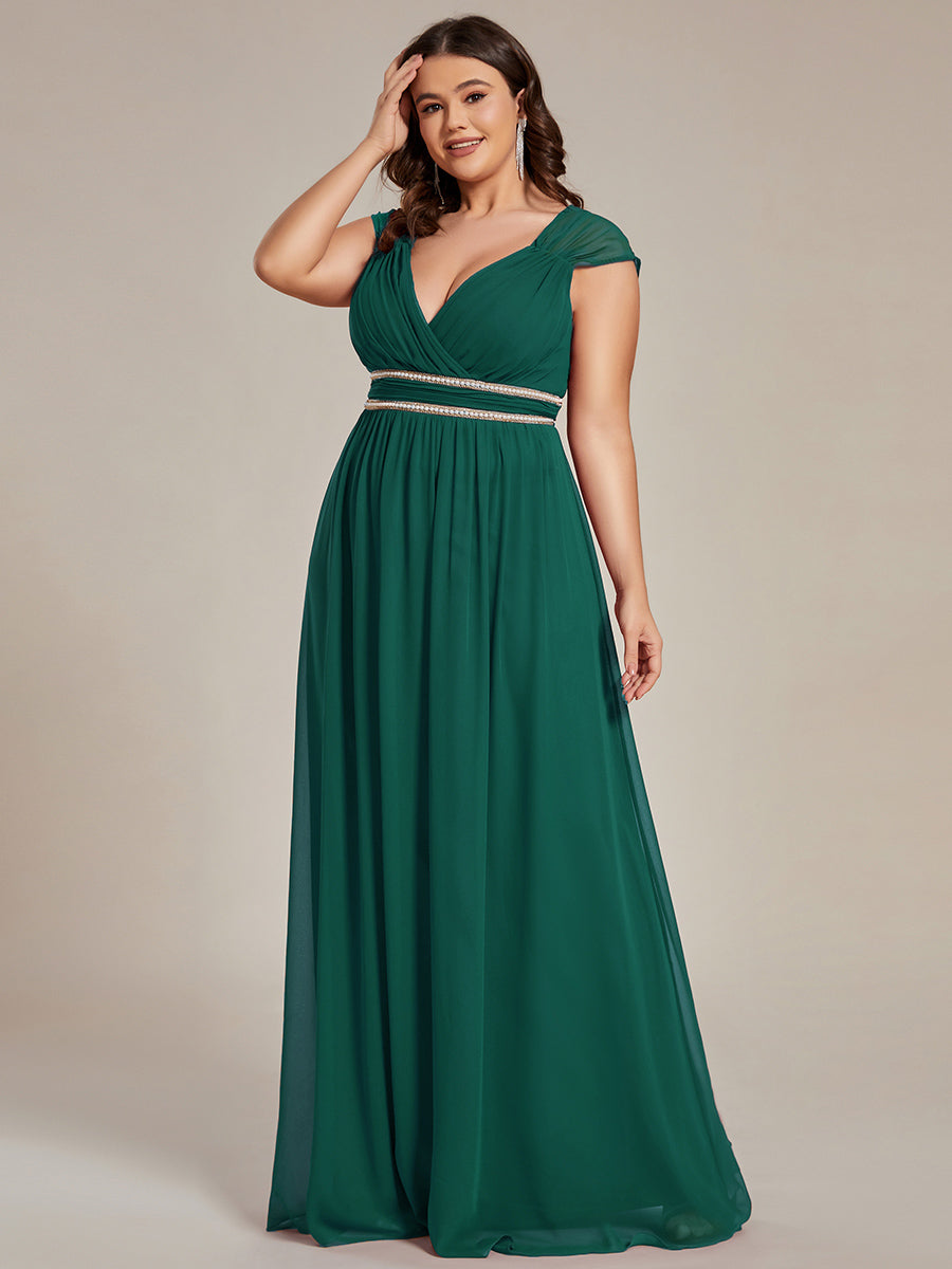 Robe longue de demoiselle d'honneur froncée à col en V #Couleur_Vert Fonce