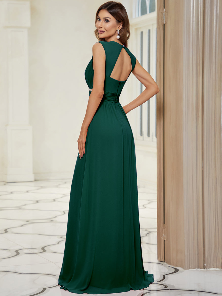 Robe longue de demoiselle d'honneur froncée à col en V #Couleur_Vert Fonce