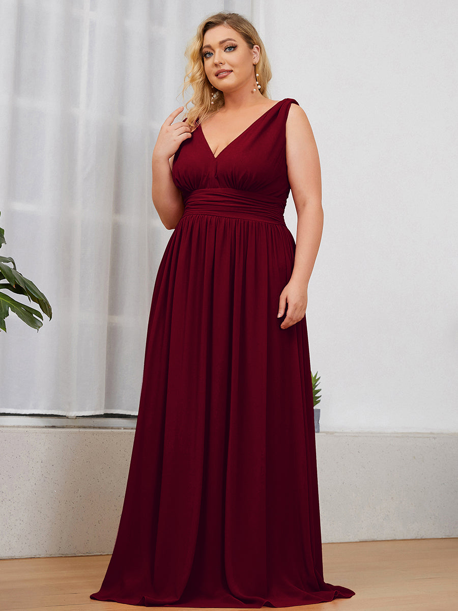 Robe de demoiselle d'honneur en mousseline de soie à col en V grande taille #Couleur_Bordeaux