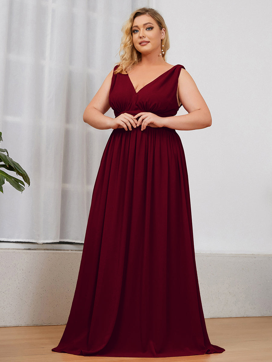 Robe de demoiselle d'honneur en mousseline de soie à col en V grande taille #Couleur_Bordeaux