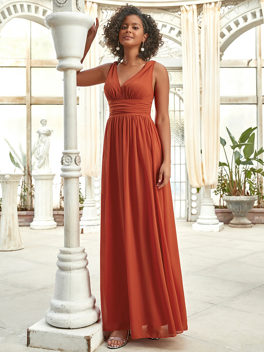 Robe de demoiselle d'honneur en mousseline à col en V #Couleur_Burnt orange