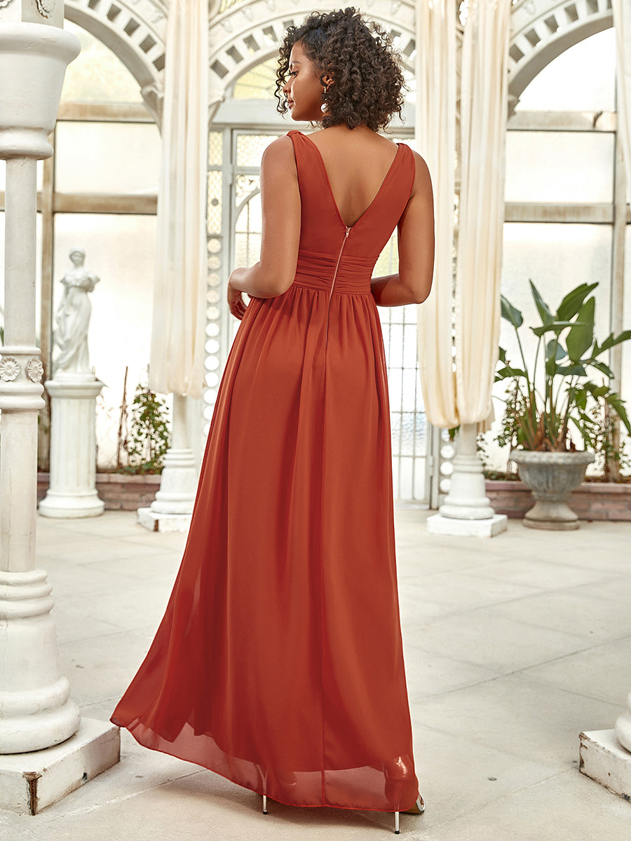 Robe de demoiselle d'honneur en mousseline à col en V #Couleur_Burnt orange