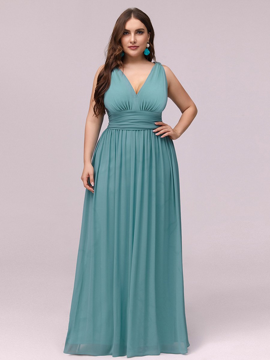 Robe de demoiselle d'honneur en mousseline de soie à col en V grande taille #Couleur_Bleu Fume