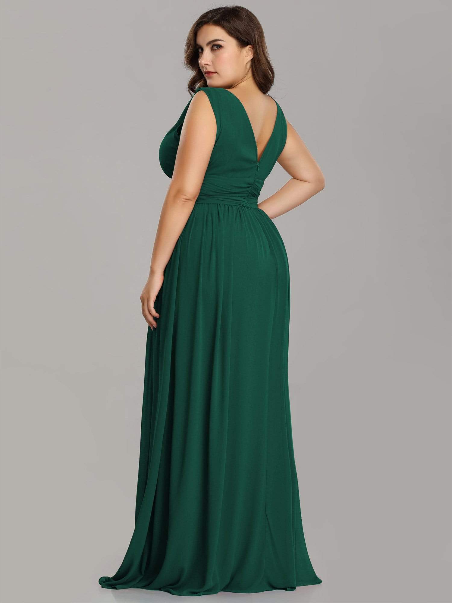 Robe de demoiselle d'honneur en mousseline de soie à col en V grande taille #Couleur_Vert Fonce