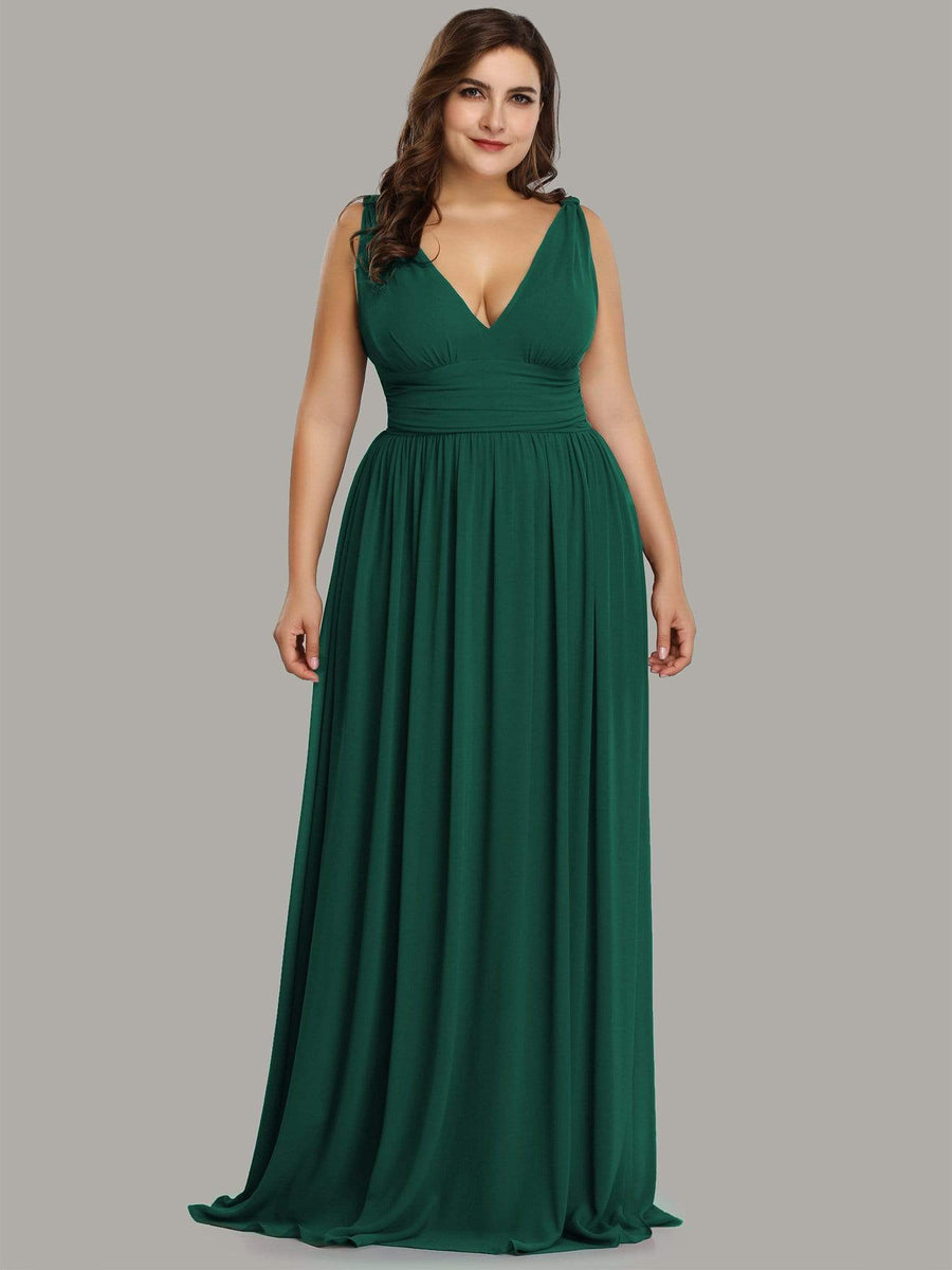 Robe de demoiselle d'honneur en mousseline de soie à col en V grande taille #Couleur_Vert Fonce