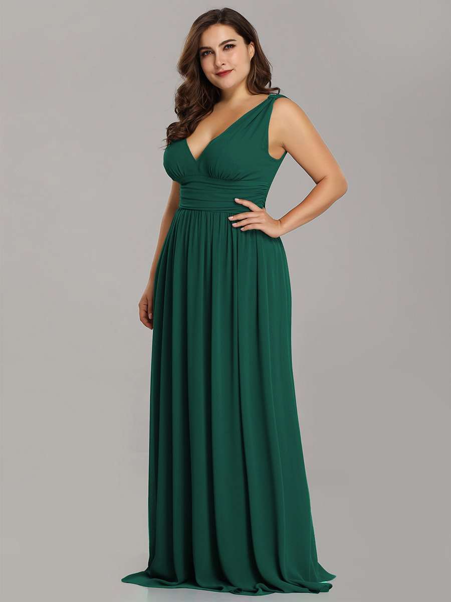 Robe de demoiselle d'honneur en mousseline de soie à col en V grande taille #Couleur_Vert Fonce