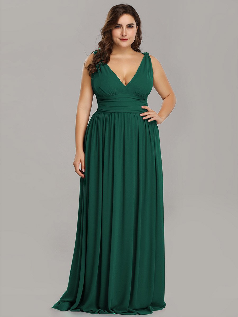 Robe de demoiselle d'honneur en mousseline de soie à col en V grande taille #Couleur_Vert Fonce