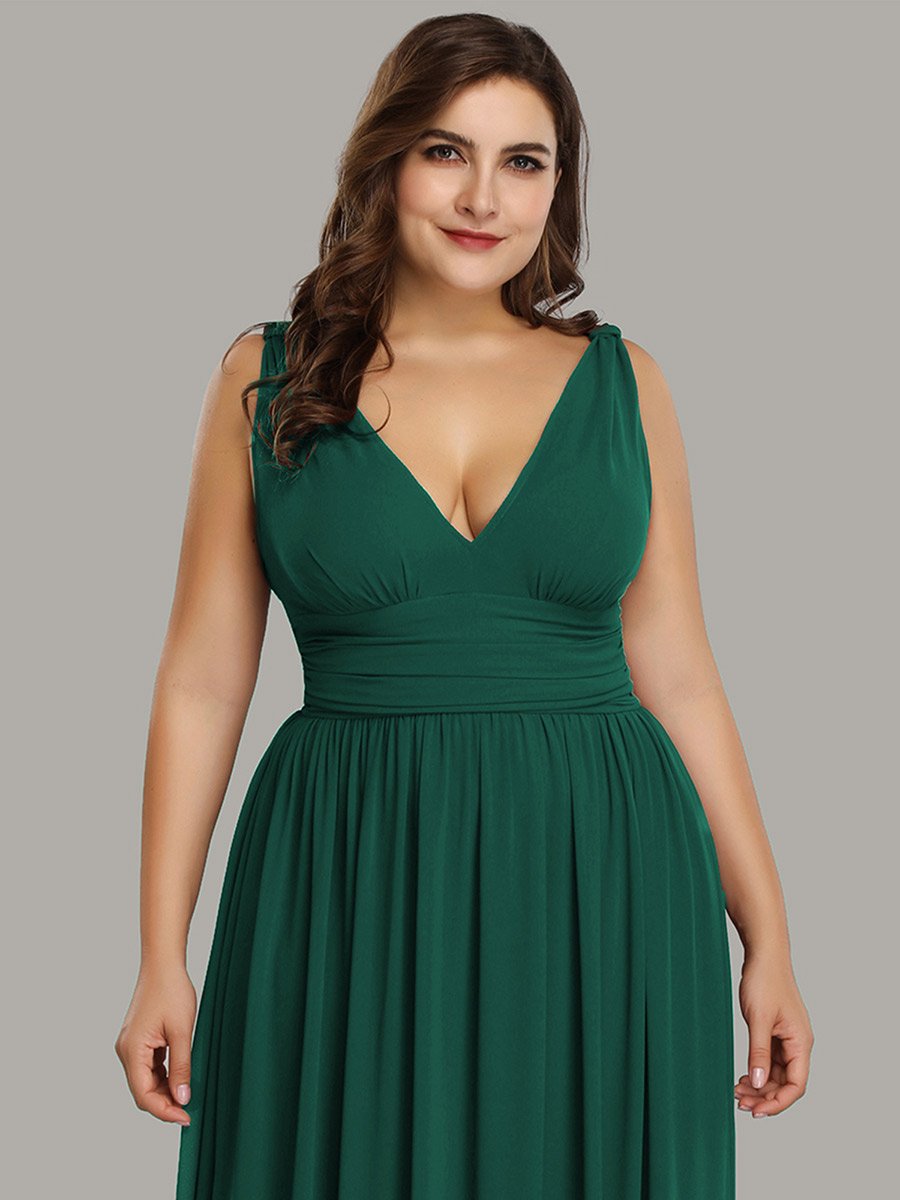 Robe de demoiselle d'honneur en mousseline de soie à col en V grande taille #Couleur_Vert Fonce