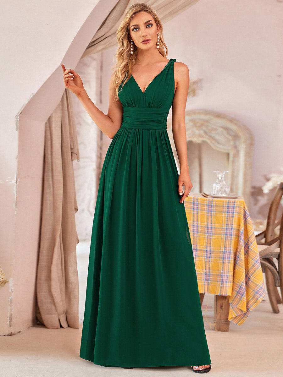 Robe de demoiselle d'honneur en mousseline à col en V #Couleur_Vert Fonce