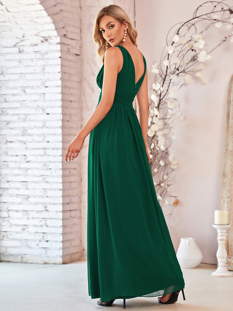 Robe de demoiselle d'honneur en mousseline à col en V #Couleur_Vert Fonce